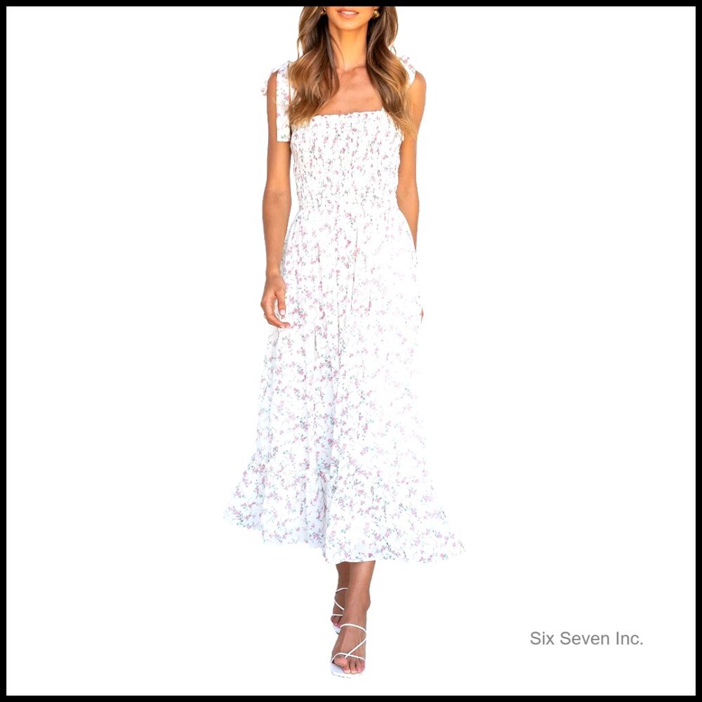 Summer Floral Boho Dress Tie Strap Square Neck Smocked Ruffle Maxi